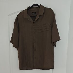 Zara Men’s Olive Brown Short-Sleeve Button-Down Shirt